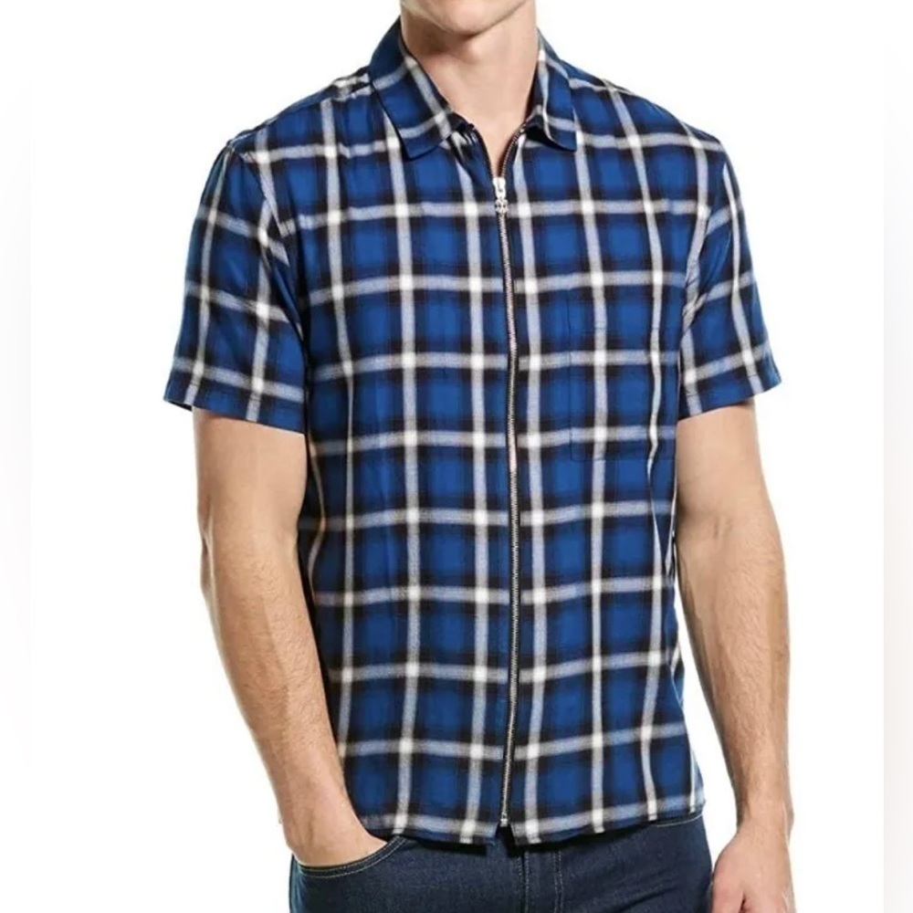 The Kooples | Relaxed Fit Short Sleeve Plaid Zip Up Shirt